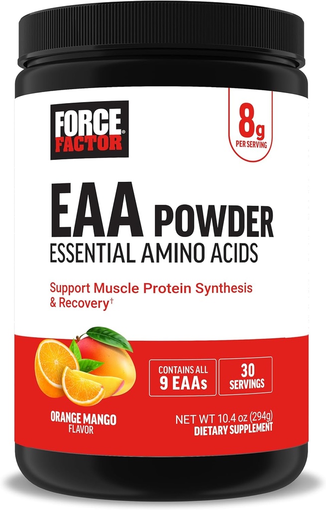 Force Factor Essential Amino Acids, Full Spectrum EAAs Amino Acids Powder, Amino Acids συμπλήρωμα για τις γυναίκες και τους άνδρες για την υποστήριξη υγιή μυών και αποκατάστασης προπόνηση, Orange Mango, 30 εξυπηρετούν