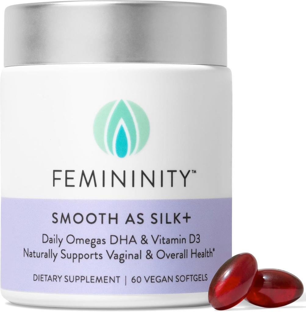 Feminiity Smooth as Silk+ 30-Day Starter Kit for Vaginal Dryness (60 Softgels & Refillable Glass Jar) – Blend of Sea Buckthorn Oil, Vitamin D3 and Plant-based Omega-3 DHA