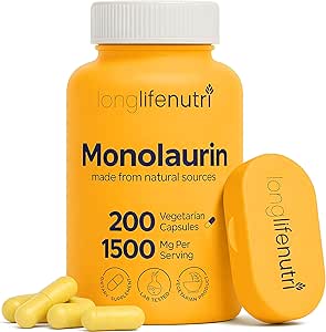 LongLifeNutri Monolaurin 1500 mg - Potent Glycerol from Coconut, 200 Vegetarian Capsules, Organic Supplement for Gut Balance & Natural Defense, 100-Day Supply, GMP sertifikalı, ABD'de Yapıldı
