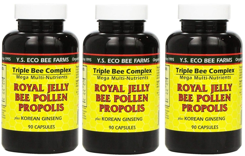 Y.S. Eco Bee Farms, (3 Pack) Royal Jelly, Bee Pollen, Propolis, Plus Koreli BTC, 90 Capsules
