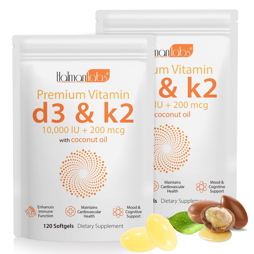 2 τσάντα βιταμίνη D3 K2 συμπλήρωμα Softgel, βιταμίνη D3 K2 Softgel με 10000 IU υποστηρίζει ανοσοποιητικό, καρδιά, δόντια & υγεία των οστών, χωρίς ΓΤΟ, γλουτένη, σόγια