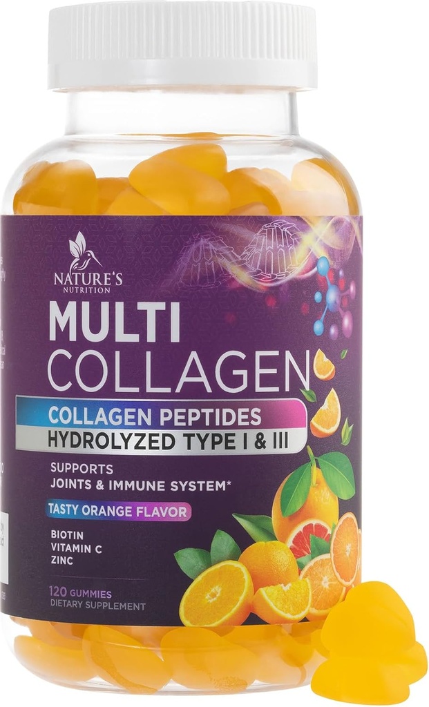 Κολαγόνο Peptides Gummies με 2500 mcg Βιοτίνη - Υδρολυμένη Πρωτεΐνη Τύπος I & III Multi Collagen Συμπλήρωμα με Βιταμίνη C & Ψευδάργυρο - Υποστήριξη για τα μαλλιά, το δέρμα, τα νύχια, Νόστιμο γεύση πορτοκάλι - 120 Gummies