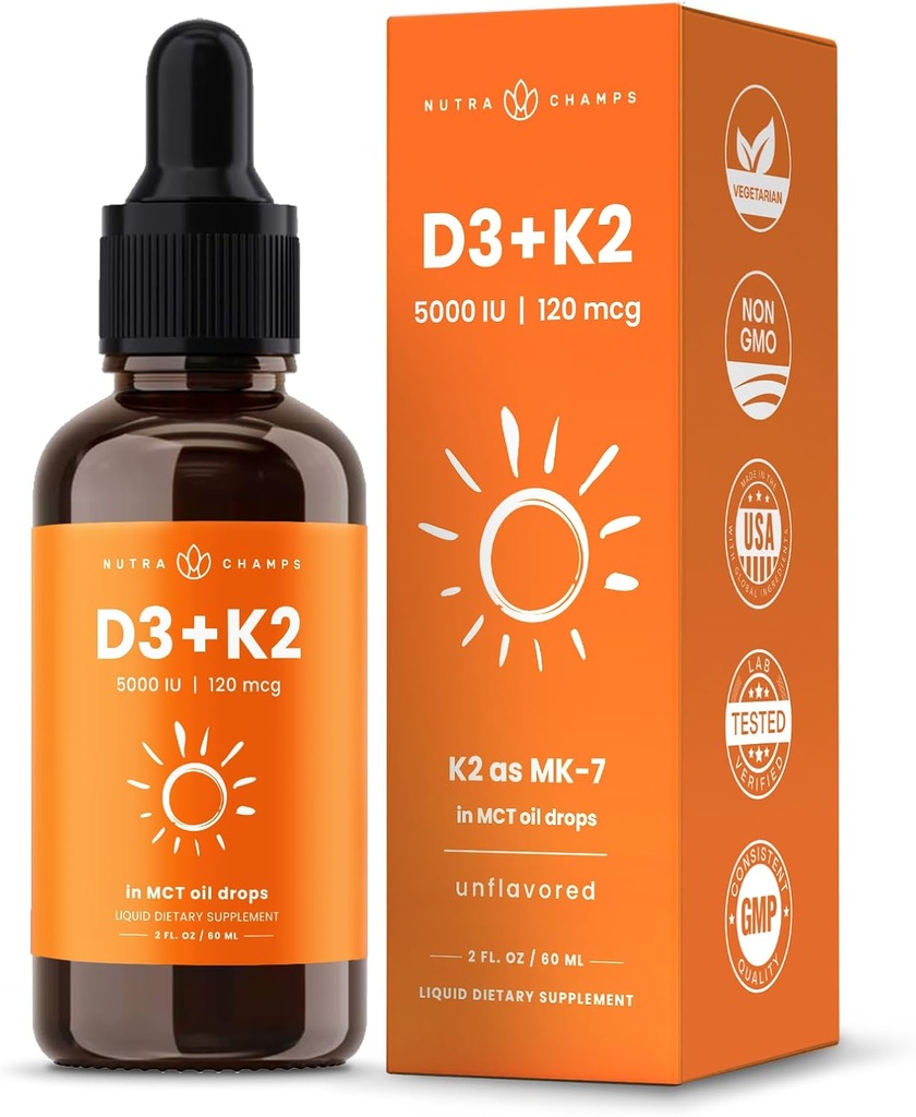 NutraChamps Vitamin D3 K2 Drops, Sıvı Vitamin D3 5000 IU & K2 D3 ile MK7, Çocuklar için D Drops, Bones, Heart & Immune Health, Sıvı Vitamin D in MCT Oil for Better Ab components