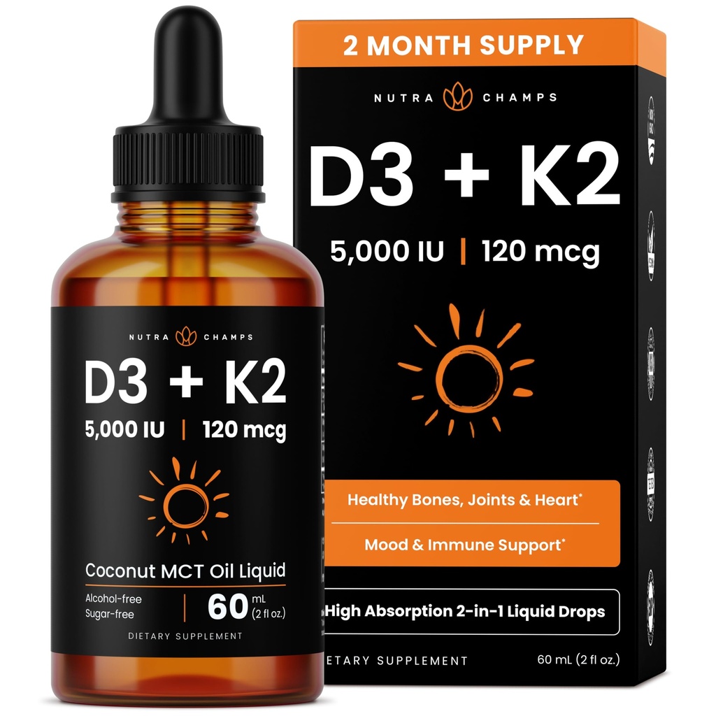 NutraChamps Vitamin D3 K2 Drops, Sıvı Vitamin D3 5000 IU & K2 D3 ile MK7, Çocuklar için D Drops, Bones, Heart & Immune Health, Sıvı Vitamin D in MCT Oil for Better Ab components