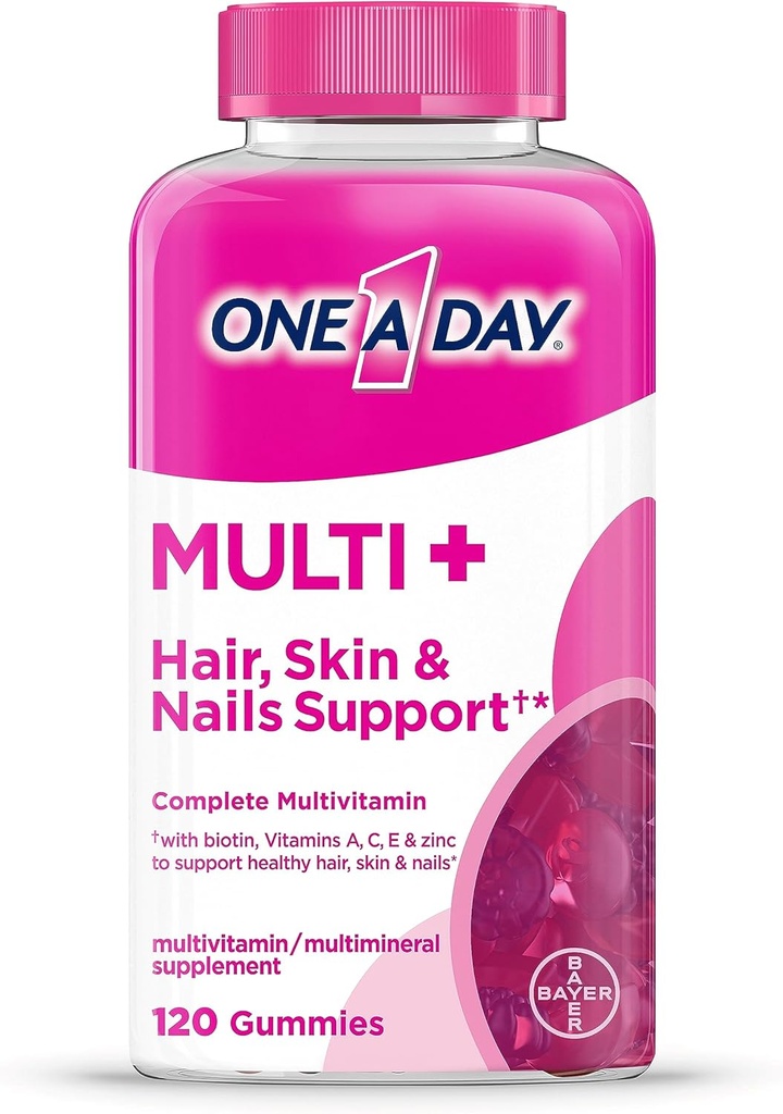 ONE A DAY Multi+ Μαλλιά, δέρμα & νύχια, πολυβιταμίνη + Ενίσχυση της υποστήριξης για υγιή μαλλιά, δέρμα & νύχια με βιοτίνη και βιταμίνες Α, C, E & ψευδάργυρο,Gummy 120 Count (2 Μήνας Προμήθεια)