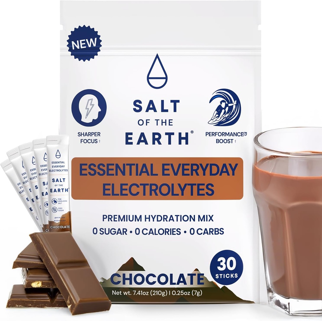 Dünya Premium Zero-Sugar Electrolyte - Pink Himalaya Salt ile yapılır - Hydration Toz Paketleri | Premium Malzemeler | Keto & Paleo Friendly | 30 Sticks, Chocolate Chocolate