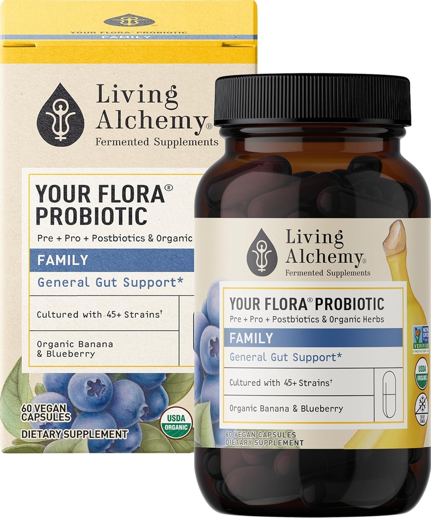 Your Flora Probiyotik Family – Non-GMO Probiyotiks with Fermented Soybean, Banana, & Blueberry for Digestion & Gut Support – Prebiyotiks, Postbiyotiks, Digestive Enzymes – Living Alchemy, 60 Capsules