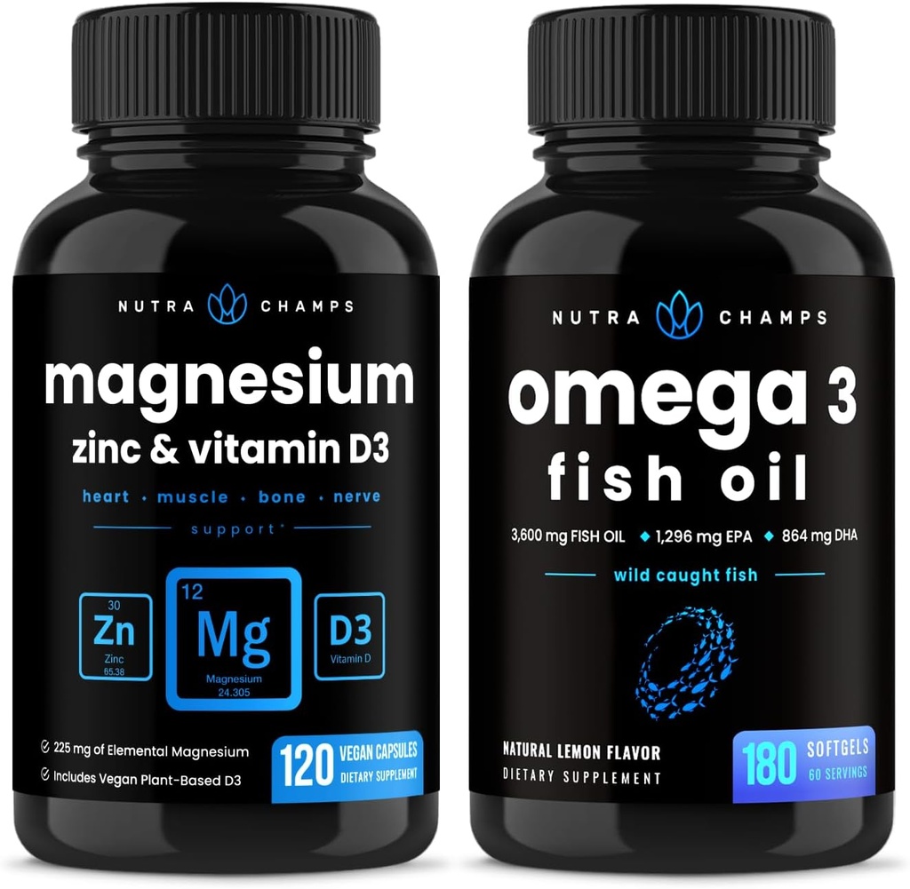 NutraChamps Magnezyum çinko & Vitamin D3 Capsules ve Omega 3 Fish Oil Capsules 2 Pack Sche