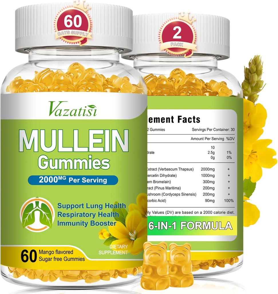 Mullein Gummies, Mullein Leaf Extract with Bromelain, Quercetin, Pine Bark Support Lung Cleanse for Health Breathing, 120ct