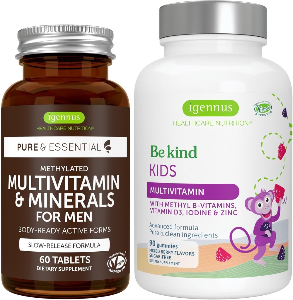 Erkekler için Multivitamin & Mineraller + Gelişmiş Çocuklar Multivitamin Gummy Vegan Hoffman, Me-Vitamins, Vitamin A, C, D3 & E, Clean Label, 60 Tabletler + 90 Berry Flavor Gummies, Igennus