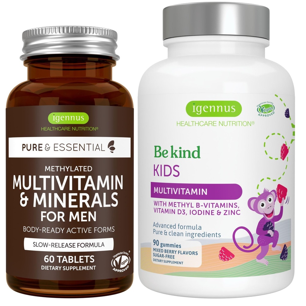 Multivitamin & Minerals for Men + Advanced Kids Multivitamin Gummy Vegan Bundle, με μεθυλιωμένες βιταμίνες, βιταμίνη Α, C, D3 & E, Clean Label, 60 Tablets + 90 Berry Flavor Gummies, από τον Igenus