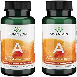 Swanson Vitamini 10.000 IU (3,000 mcg RAE) Bone, Skin Health, Vision Support & Immune System Function - High Abxia Vitamin A 250 Softgels (2 Pack)