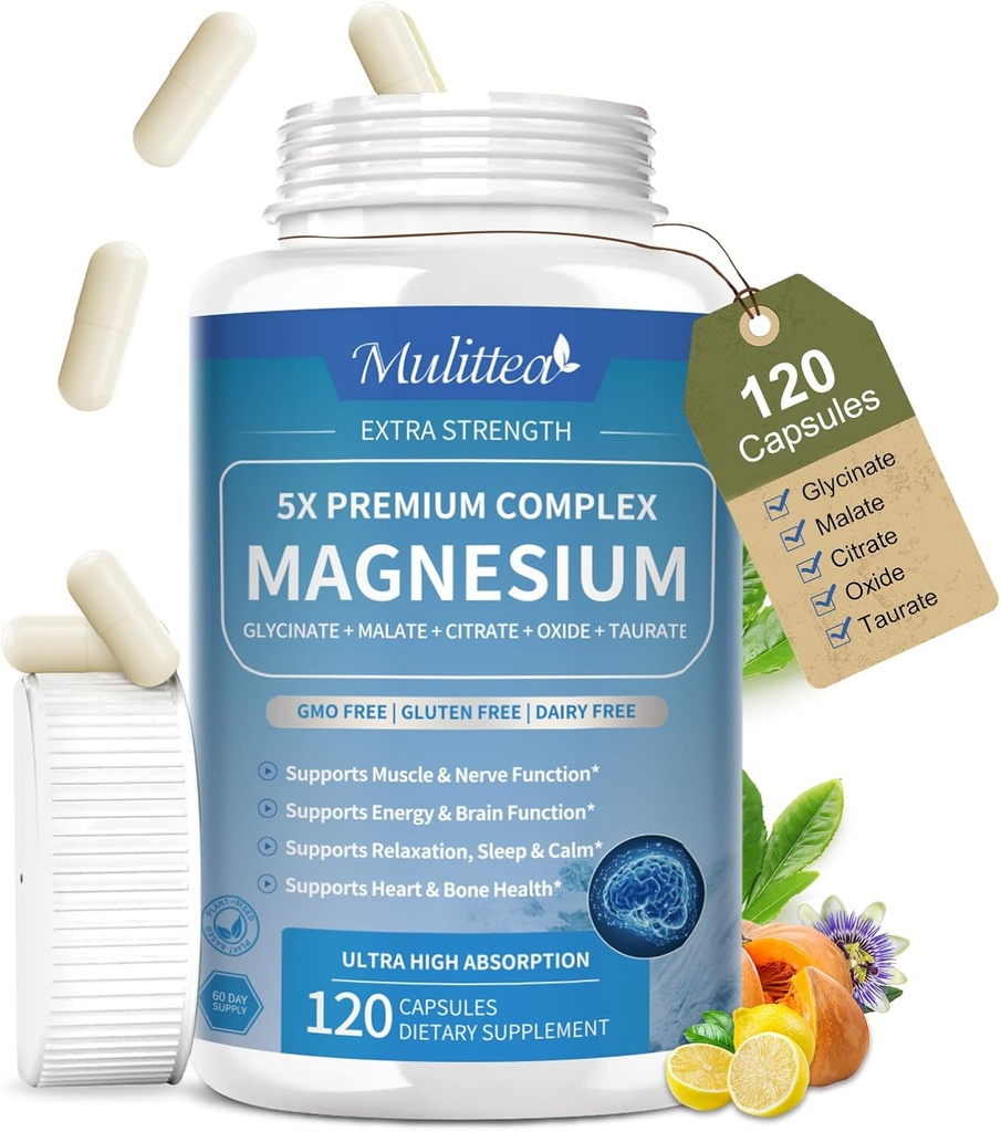 Magnezyum Kompleksi Chelated Magnezyum Glycinate w/Malate, Taurate& Herbal Extracts for Support Sleep, Muscle,Cortisol & Heart Health, Gluten Free, Vegan, Non GMO, High Abxia,120 Capsules