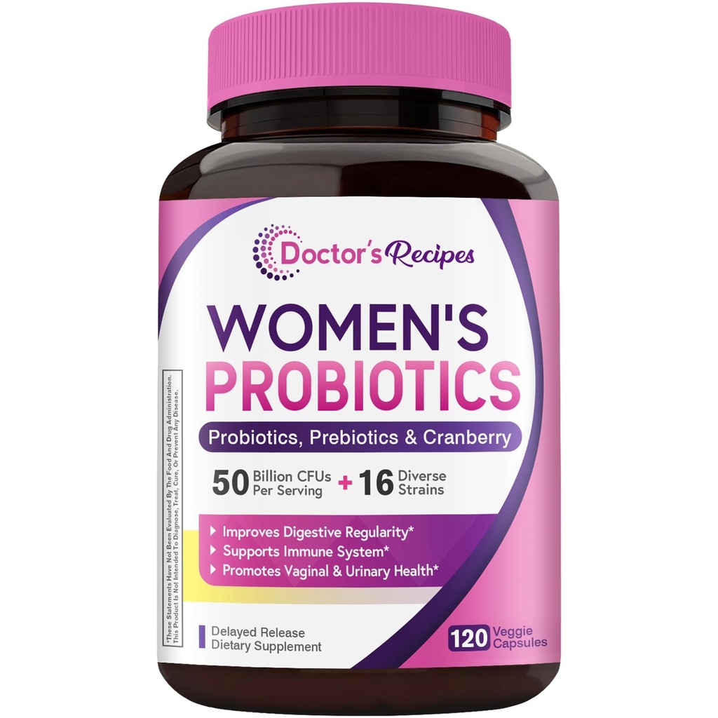 Doktor'un Kadın Tarifleri Probiyotik, 120 Caps 50 Milyar CFU 16 Strains, Organik Cranberry, Digestive Immune Vaginal & Urinary Health, Raf Stable, Gecikme, No Soy Gluten Dairy