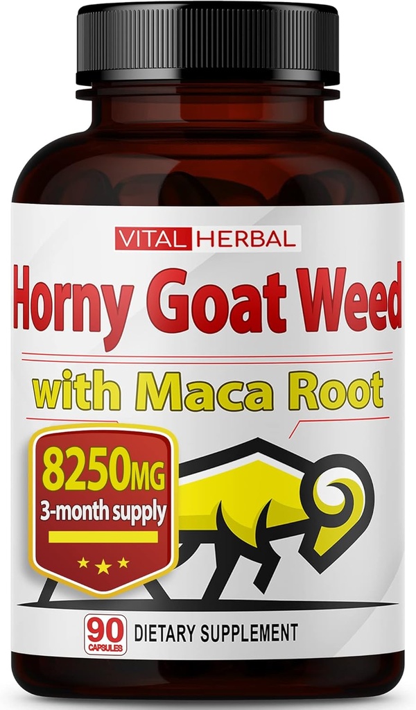 Vital Herbal Horny Goat Weed Capsules for maximum Strength with Maca Root Tribulus Ashwagandha Tongkat Ali Panax BTC for Men Women, Boost Energy (90) (kahkadar Sayısı)