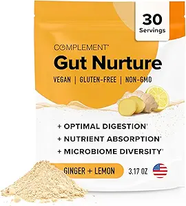 Complement Gut Nurture Prebiotic + Postbiotic Superfood Powder for Leaky Gut Repair, Probiotics for Digestive Health - Ginger Root - 30 Servings