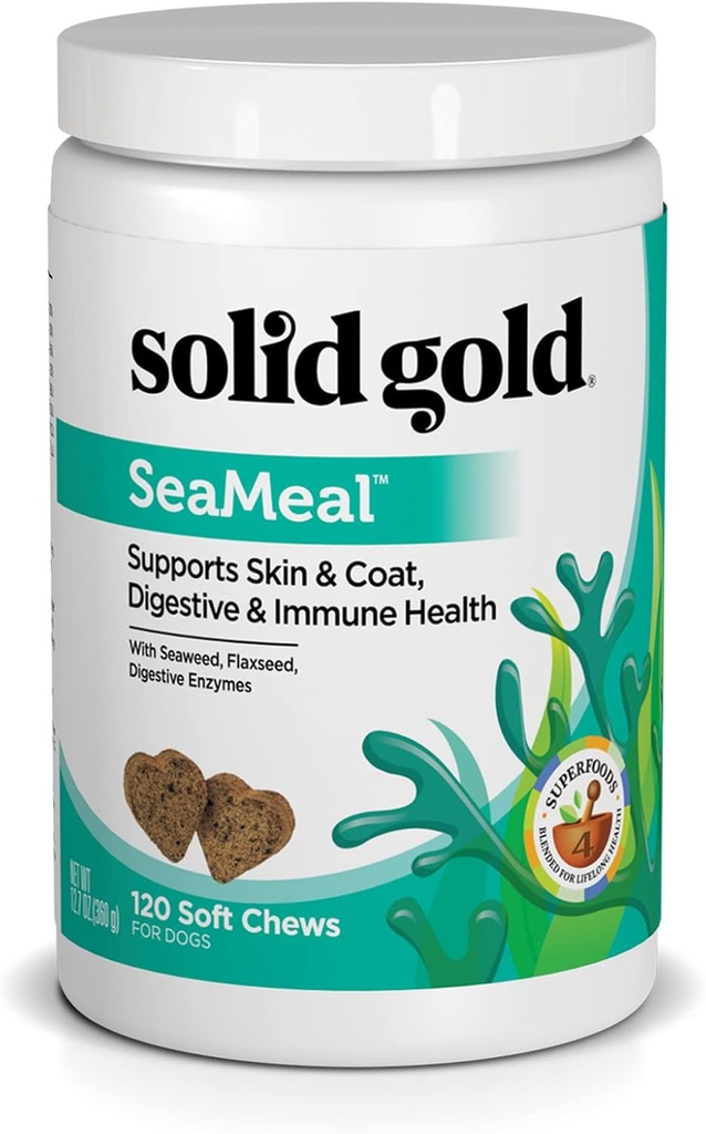 Solid Gold Cat & Dog Multivitamin Chews - Kelp, Omega 3 & Βιταμίνες για Οδοντικό, Πεπτικό, Ανοσοποιητικό, Δέρμα & Καλσόν Υγεία - Multi Vitamin for Dogs & Cats - Sea Kelp Based Soft Chew for All Ages - 120ct