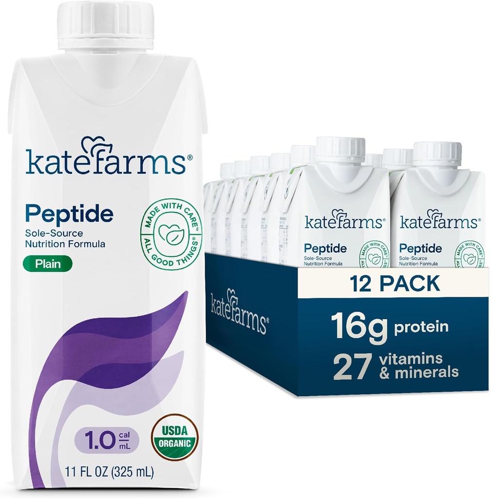 CATE FARMS Organic Adult Peptide 1.0 Formula, Plain, Sole-Source, Hydrolyzed Plant-based Nutrition for Oral or Tube Feeding, 11 fl oz (12 Pack)