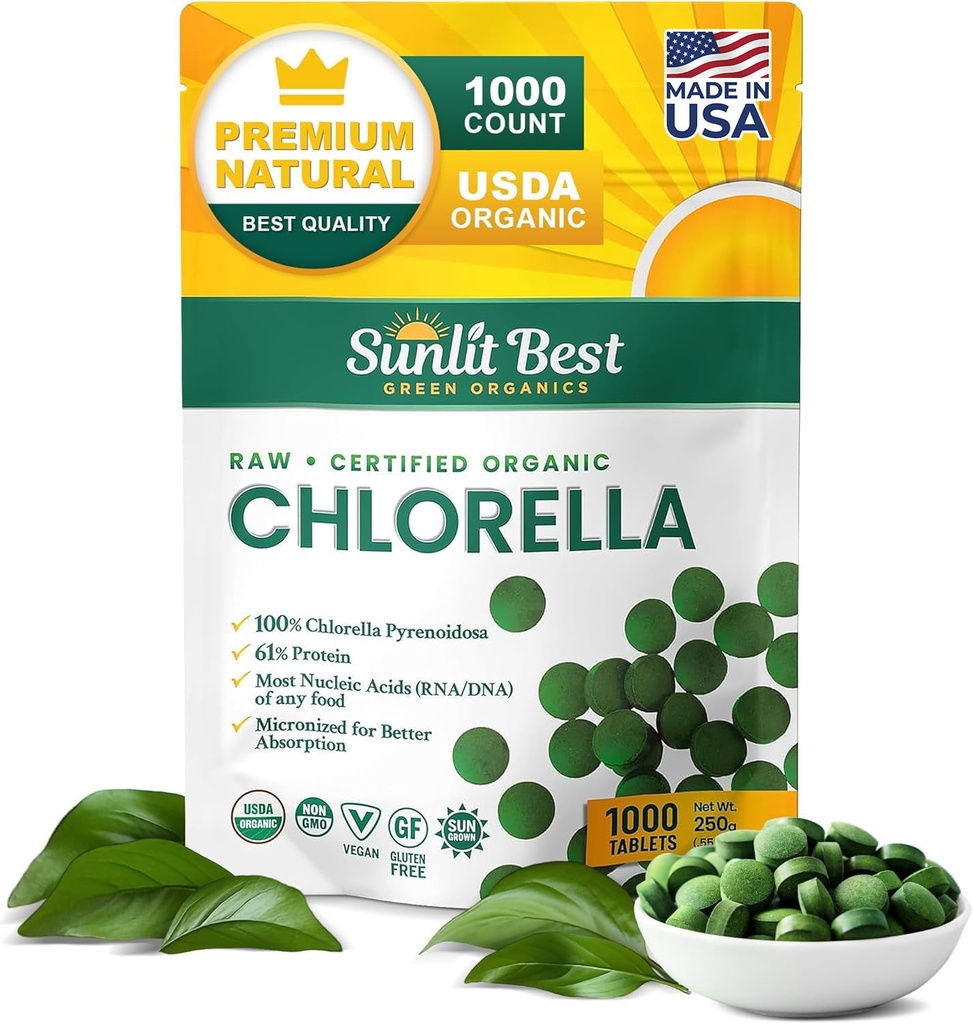 Sunlit Best USDA Organic Premium Chlorella Tablets 1000 Count 