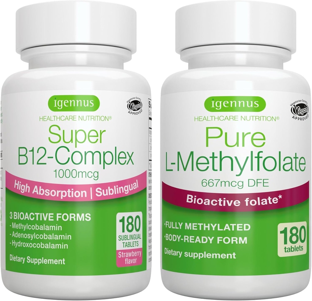 Super B12-Complex 1000mcg + Pure Folate 400 Live Vegan Sche, High Abxia Sublingual B12 with Medenosylcobalamin & Hydroxocobalamin + Optimized L-Methylfolate, by Igennus