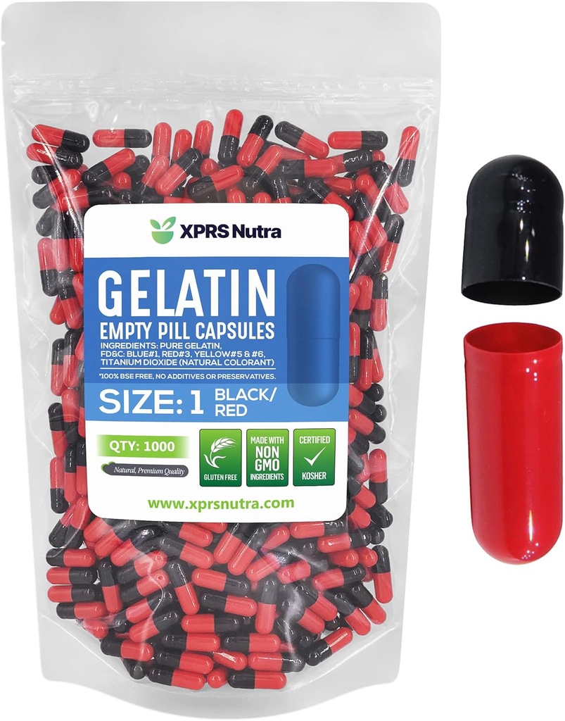 XPRS Nutra Μέγεθος 1 Κενές κάψουλες - 1000 έγχρωμες χρωματιστές κενές κάψουλες ζελατίνης - Pill DIY συμπλήρωμα καψάκιο πλήρωσης - πληρώσιμο χρώμα τζελ χάπια για το δικό σας συμπλήρωμα (μαύρο/κόκκινο)
