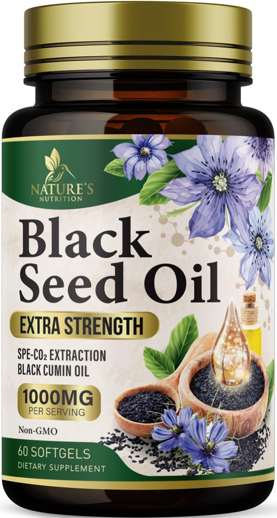 Black Seed Oil Softgels 1000 mg - Premium Nigella Sativa Blackseed, Pure Natural Black Cumin Tohum Petrol ve Deri ve Immune Desteği - ABD Tamamında Şişelenmiş - 60 Softgels