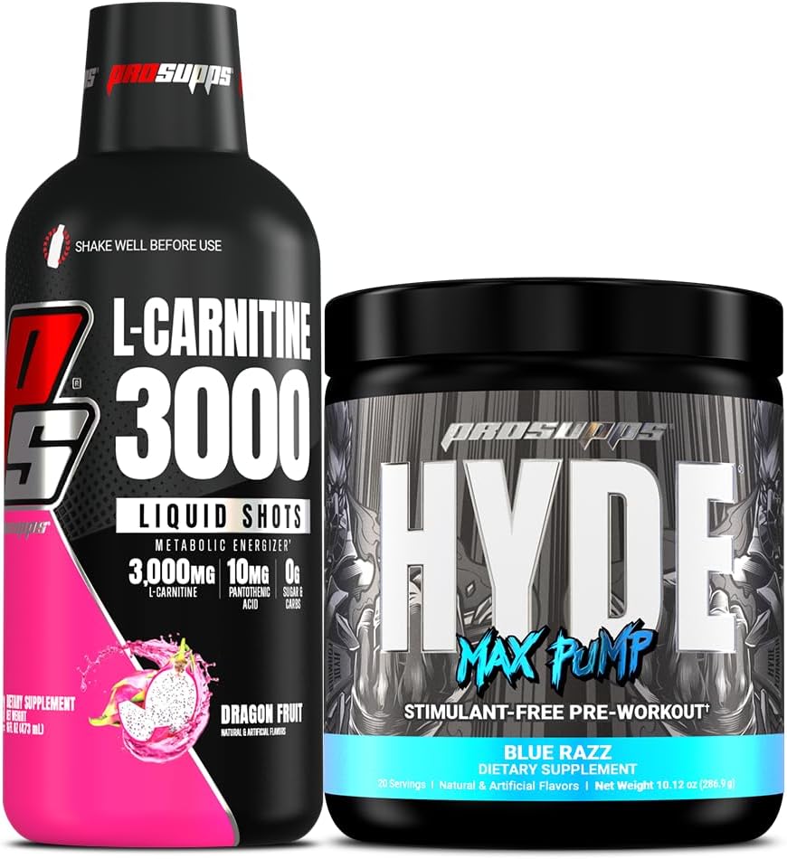 PROSUPPS L-Carnitine 3000 Stimulant Ücretsiz Sıvı Shots (31 Hizmet, Ejderha Meyvesi) ve Hyde Max Pump Pre Workout for Men and Women (20 hizmet, Blue Razz) Schez