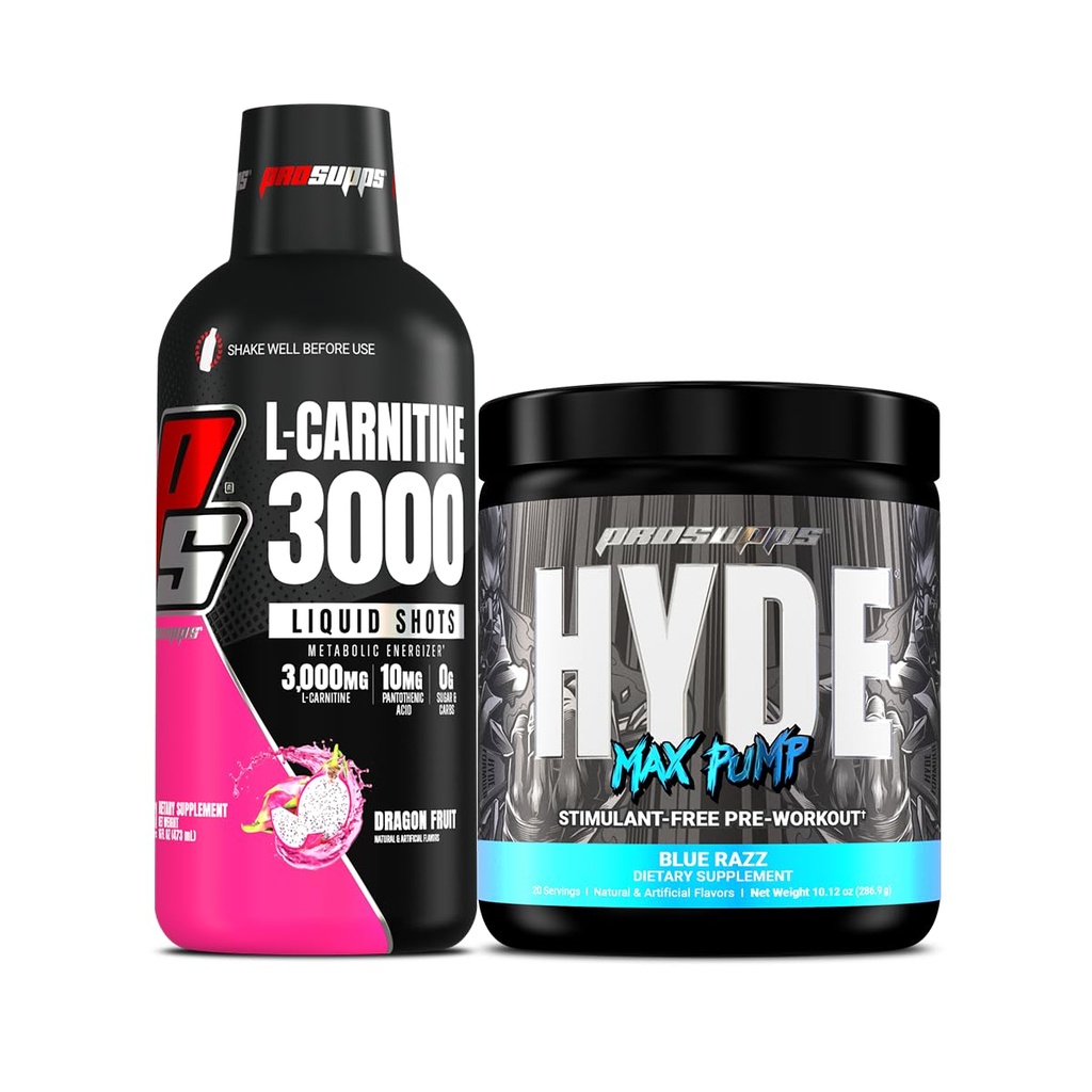 PROSUPPS L-Carnitine 3000 Stimulant Free Liquid Shots (31 Servings, Dragon Fruit) and Hyde Max Pump Pre Workout for Men and Women (20 Servings, Blue Razz) Bundle