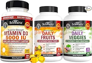 BioSchwartz Daily Fruits and Veggies Supplement for Women and Men (2Ay Supply) Plus High Strength Vitamin D3 5000 IU 125 mcg (1 Yıl Supply)