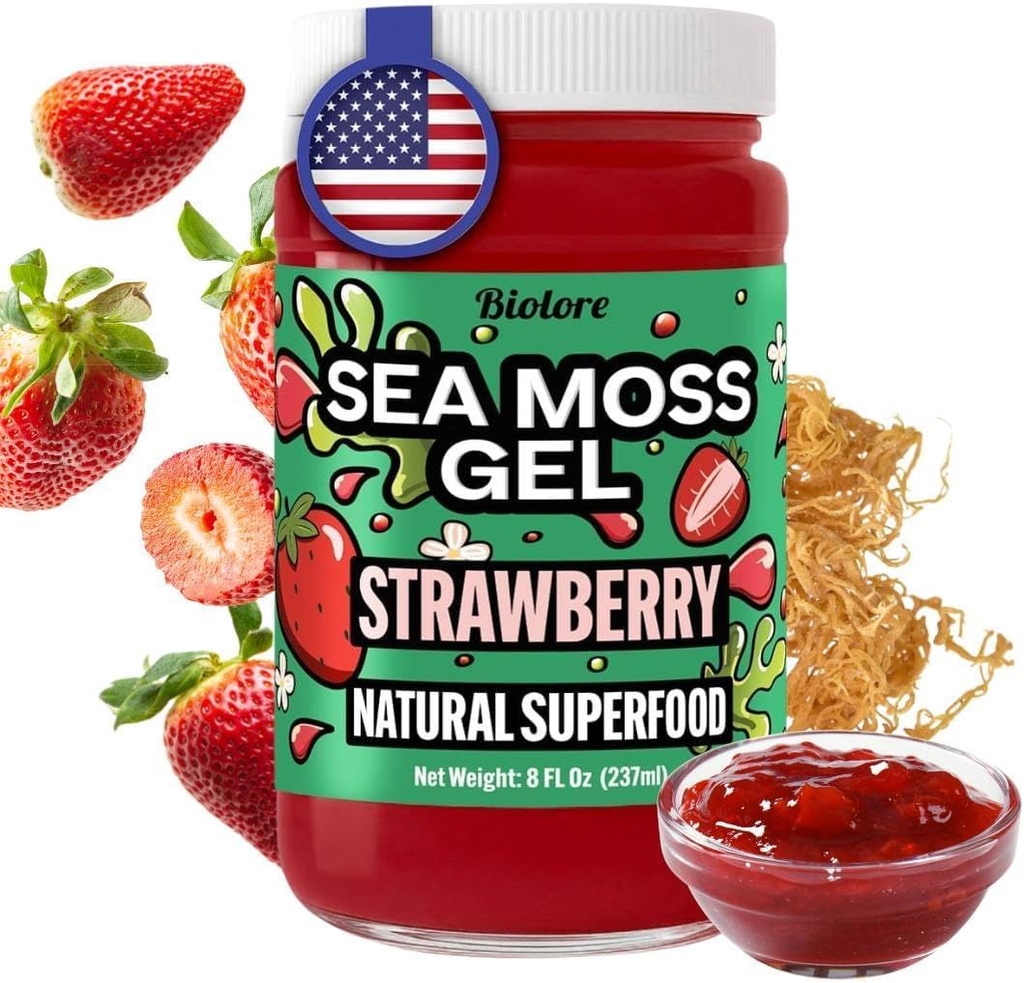 Biolore Strawberry Sea Moss Gel Amerika Birleşik Devletleri'nde Raw Wildcrafted Irish Seamoss, Essential Vitamins, Trace Minerals, Vegan Superfood, Deneme Boyut 8 Fl Oz (Pazar 1)