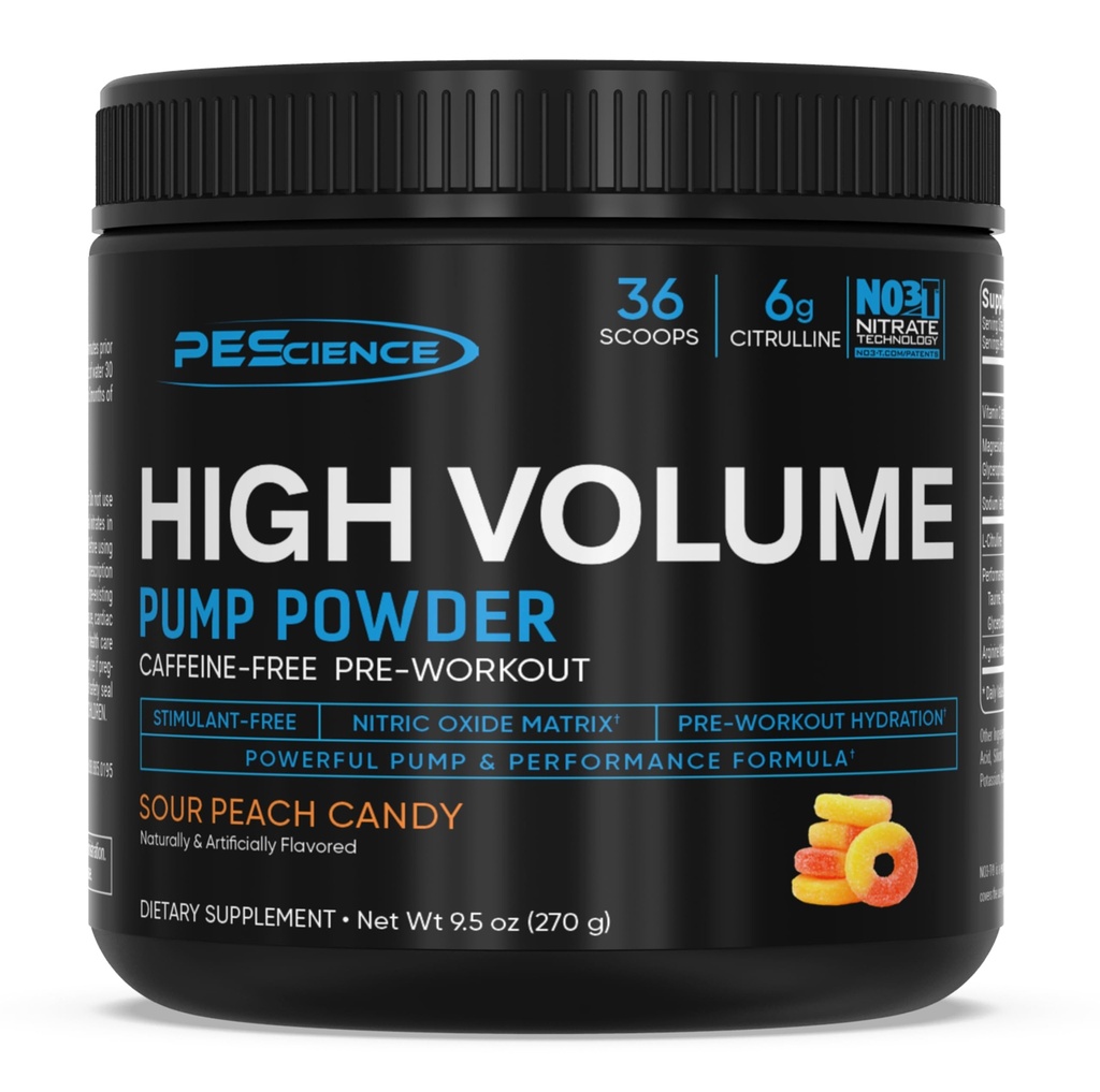 PE Science High Volume Stim-Free Pre Workout Pump Toz, Nitric Hoffman ile L Citrulline & L Arginine Nitrate, Non-Stim Preworkout for Men and Women, 36 Scoops, Sour Peach Candy