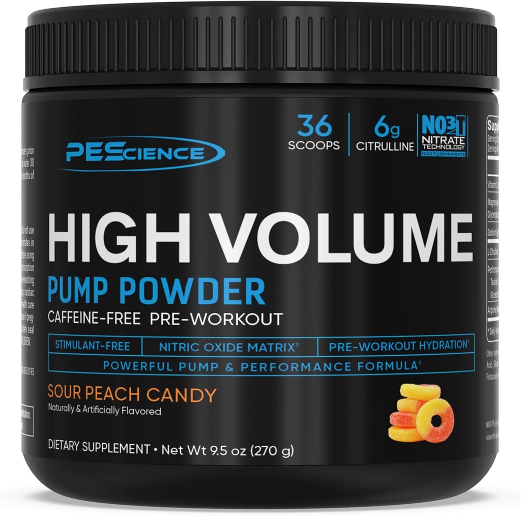 PEScience High Volume Stim-Free Προπόνηση Αντλία σκόνης, Nitric Oxide Booster με L Citrulline & L Arginine Νιτρικό, Μη-Stim Προπόνηση για άνδρες και γυναίκες, 36 Scoops, Sour Peach Candy