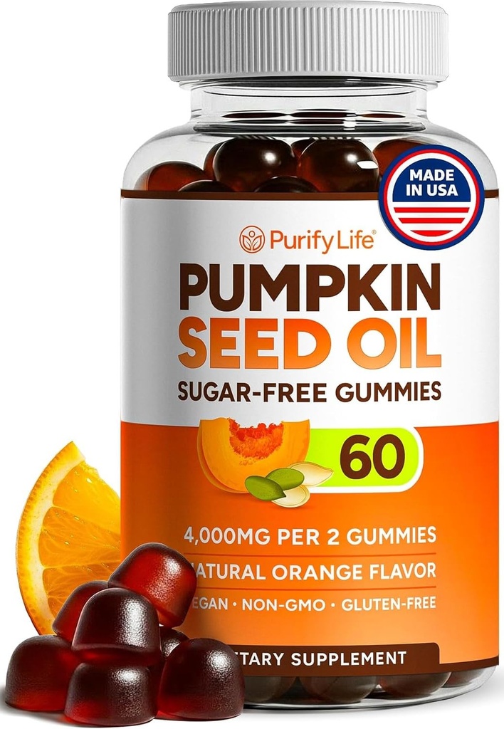 Sugar-Free Pumpkin Seed Oil Gummies (4,000mg/serving) Pumpkin Seed Oil for Hair Growth, Youthful Skin, Prostate Health, Immune & Urinary Tract Support-Natural Source of Essential Fatty Acids-60 Chews