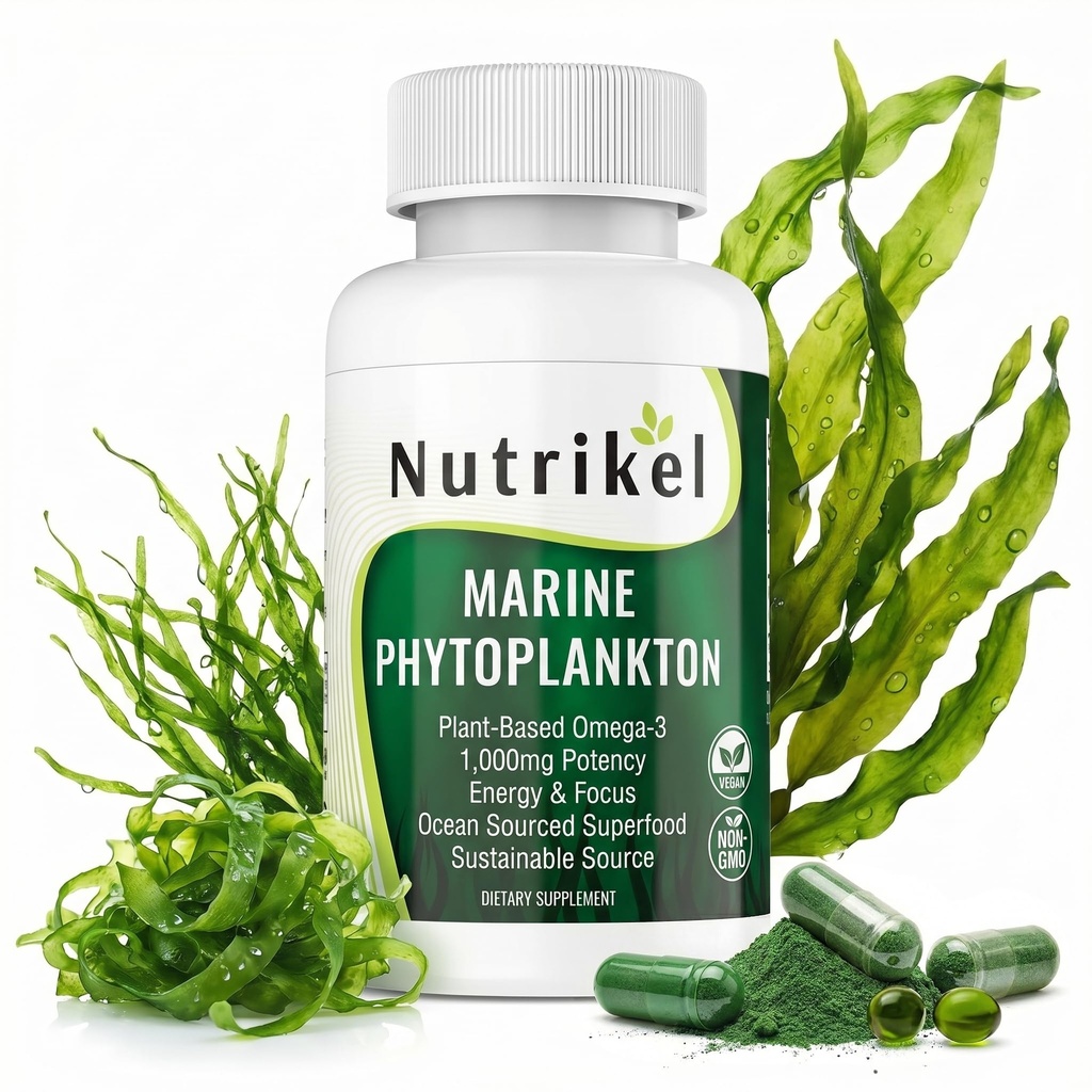 Marine Phytoplankton Omega 3 Supplement – Plant-Based Algae Capsules for Energy, Focus & Cellular Support – Vegan Superfood for Brain, Heart & Skin Health – 1.000 mg – 60 Vegan Capsules