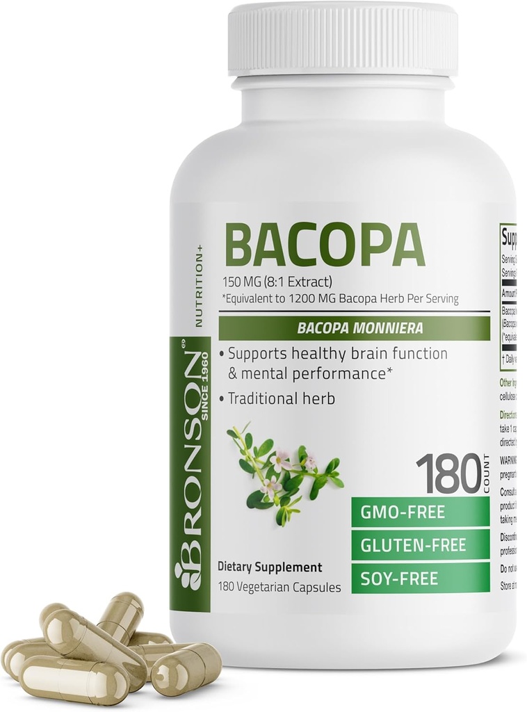 Bronson Bacopa υποστηρίζει υγιή λειτουργία του εγκεφάλου και την ψυχική απόδοση, παραδοσιακό βότανα, μη ΓΤΟ, 180 κάψουλες χορτοφάγων