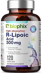 Biyophix R-Lipoic Acid 300 mg Stabilized 120 Veggie Capsules - Biotin ile - Yüksek Potency Antioksi Desteği - Non-GMO - Gluten Ücretsiz - Enerjiyi Destekler