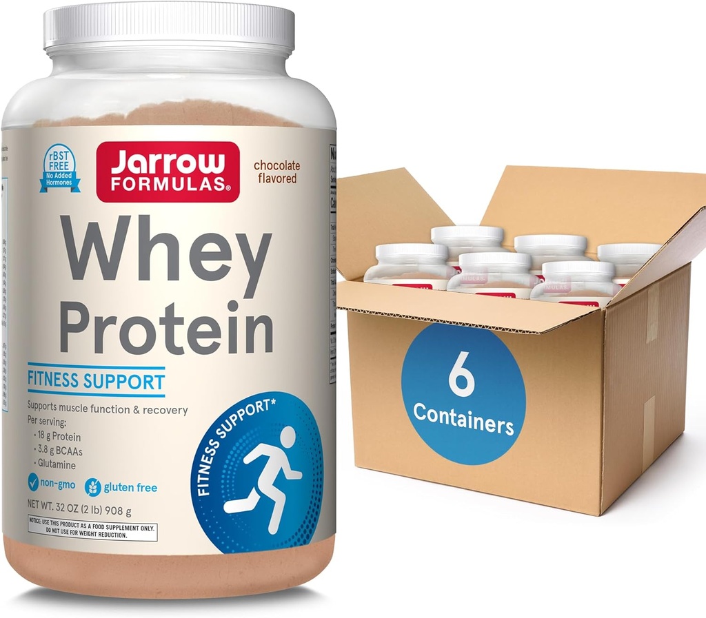 Jarrow Formulas Whey proteini 18g of protein, 3.8g of BCAAs,& Glutamine, Diyetary Supplement for Muscle Function & Recovery Support, 32oz Chocolate Flavored Toz, Approx. 35 Day Supply, Pack of 6
