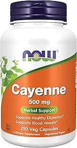 NOW συμπληρώματα τροφίμων, Cayenne (Capsicum annuum) 500 mg, βοτανική υποστήριξη, για την Digestive Health, 250 κάψουλες Veg