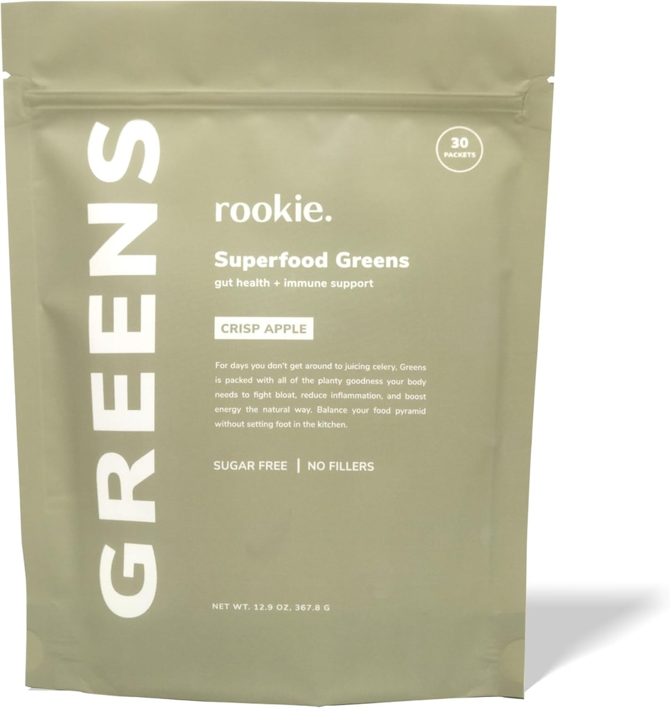 Rookie Wellness Greens + Superfoods - Greens Superfoods Toz İçecek Tüm Gıda Kaynaklarılı Malzemeler Konins Vitaminleri, Probiyotikler, Antioksiler ve Baobab Fiber (30 Hizmetler, Crisp Apple)