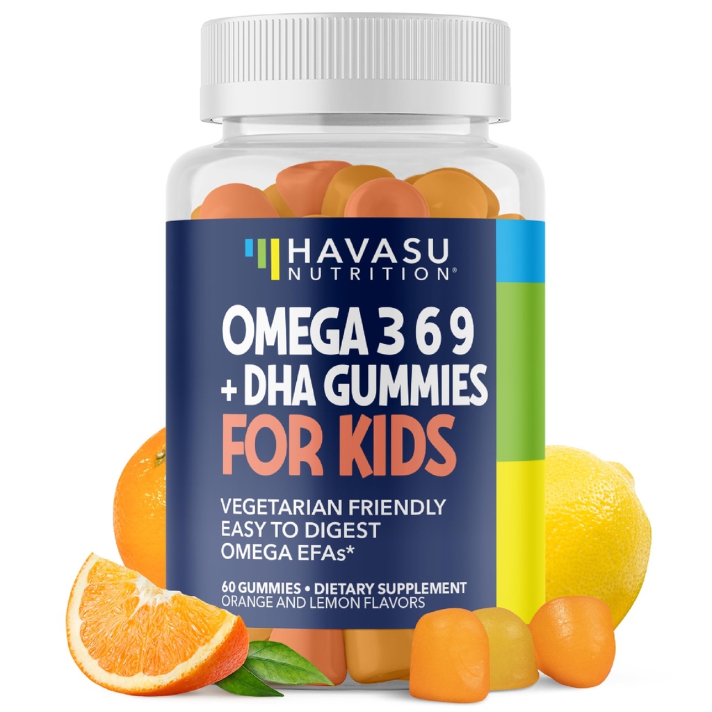 Omega 3 6 9 + Çocuklar için DHA Gummies - Vejetaryen, Plant-Based Fish Oil with DHA and EPA for Children 2+ to Support Body and Brain Development - No Fishy Taste - Lemon and Orange Flavors - 60 Count