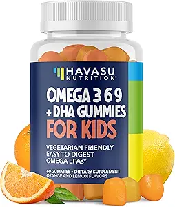Omega 3 6 9 + Çocuklar için DHA Gummies - Vejetaryen, Plant-Based Fish Oil with DHA and EPA for Children 2+ to Support Body and Brain Development - No Fishy Taste - Lemon and Orange Flavors - 60 Count