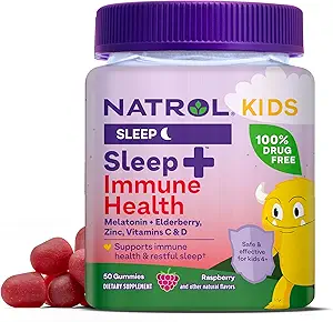 Natrol Kids Sleep+ Immune Health Gummies with Melatonin, çinko, C ve D, Elderberry, 50 Raspberry Flavored Melatonin ve Immune Health Gummies, 50 Day Supply