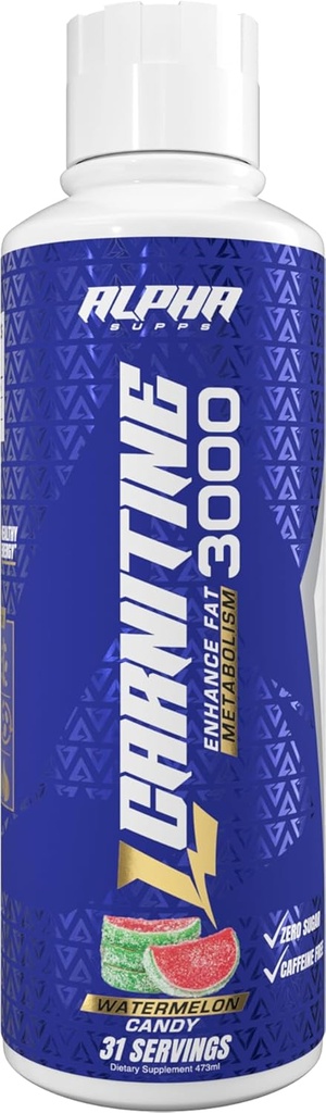 Alpha Supps L Carnitine Liquid 3000 | Stimulant-Free L-Carnitine Supplement for Men & Women | Pre-Workout Energy Boost & Muscle Recovery | Zero Sugar, Fat, & Carbs | 31 Servings (Watermelon Candy)