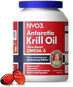 NYO3 Krill Oil Omega 3 Supplement 1000mg 90 Softgels EPA & DHA, Pure Antarktika Krill Oil with Astaxanthin and 56% Phospholipids Laboratory Testeded