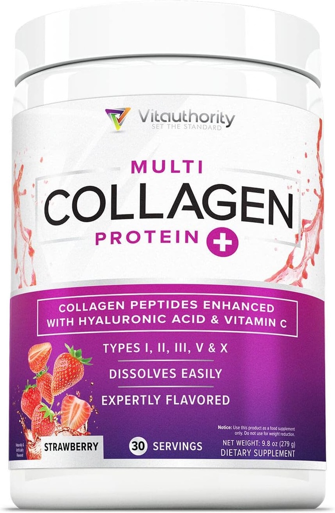 Kadınlar için Multi Collagen Peptides Toz - Hydrolyzed Flavored Collagen Toz for Women with Tip I II III V & X Vitamin C & Hyaluronic Acid for Hair Skin and Nails (Strawberry) - 30 Servisler