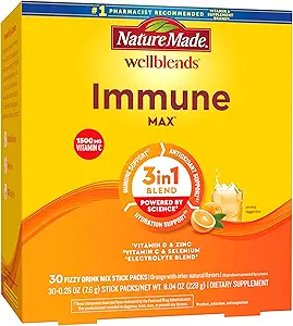Nature Made Wellbleds ImmuneMAX Fizzy Drink Mix, Βιταμίνη C 1500mg, Ψευδάργυρος 15 mg, Βιταμίνη D3 1000 IU (25 mcg), συν Β Βιταμίνες και Ηλεκτρολυτές Hydration Blend, 30 Stick Packs