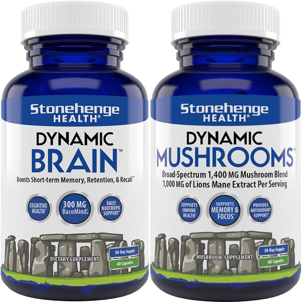 Stonehenge Health Dynamic Brain + Dynamic Mushrooms Bundle Memory Acquisition, Retension, & Review with 40 Unique Nootropic Brain & Immune System Support