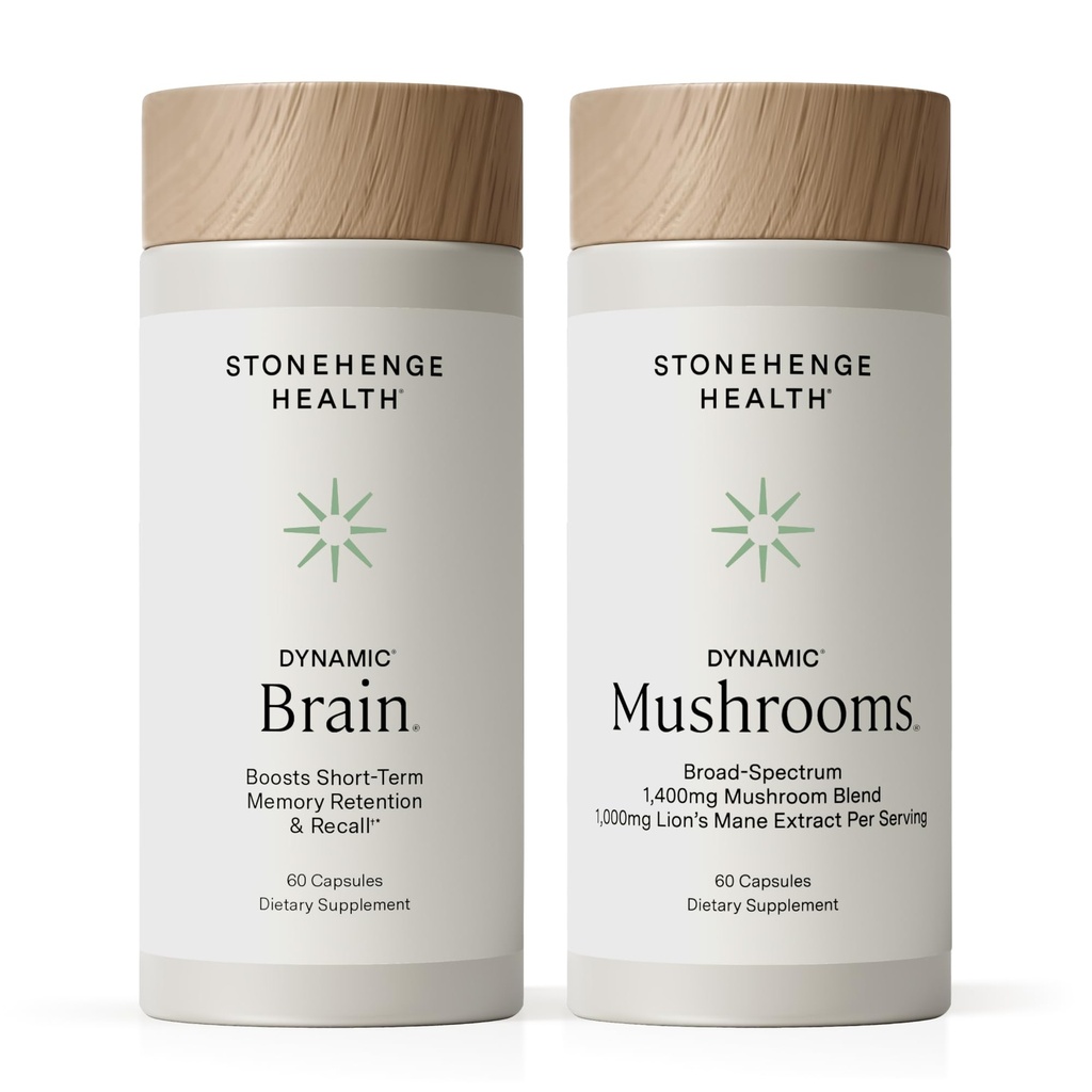 Stonehenge Health Dynamic Brain + Dynamic Mushrooms Sche Memory Acquisition, Retention, & Recall with 40 Benzersiz Nootropic Brain & Immune System Support