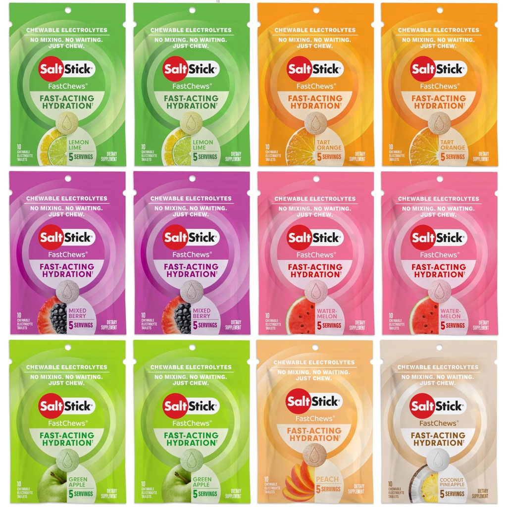 SaltStick Electrolyte FastChews - 120 Kont Çeşitli Paketi - Hydration, Salt Tabs - 10 Kont (Pawable Electrolyte Tabletleri 12)