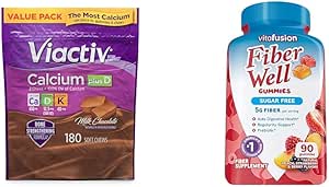 Viactivelli Plus Vitamin D Supplement Soft Chews, Brown, Milk Chocolate, 180 Kont & Vitafüzyon Fiber Well Sugar Free Fiber Supplement, Peach, Strawberry ve BlackBerry Flavored